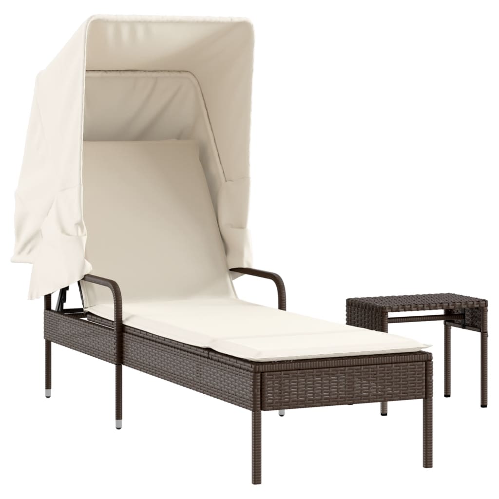 Sonnenliege mit Dach und Tisch Braun Poly Rattan