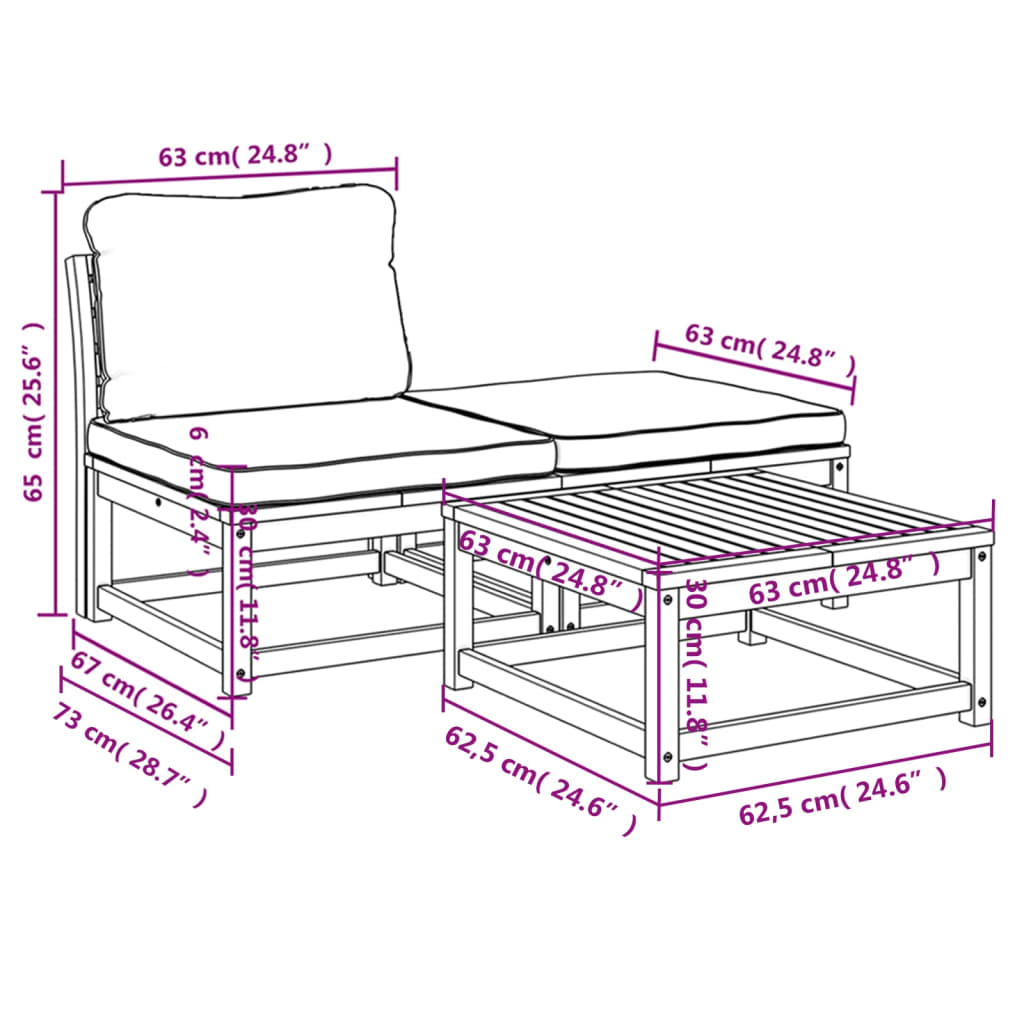 3-tlg. Garten-Lounge-Set mit Kissen Massivholz Akazie