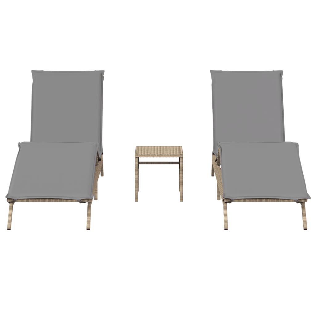 Sonnenliegen 2 Stk. mit Tisch Beige Poly Rattan