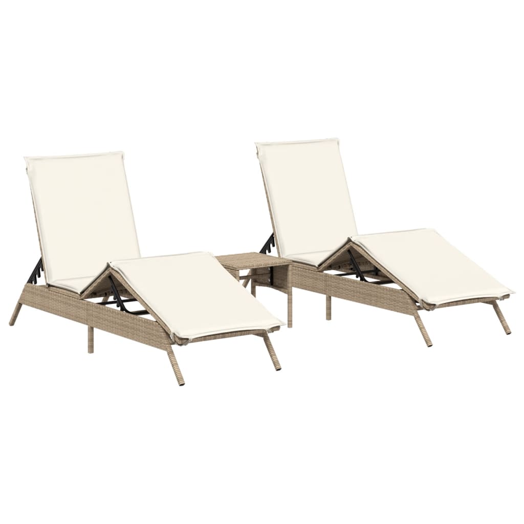 Sonnenliegen 2 Stk. mit Tisch Beige Poly Rattan