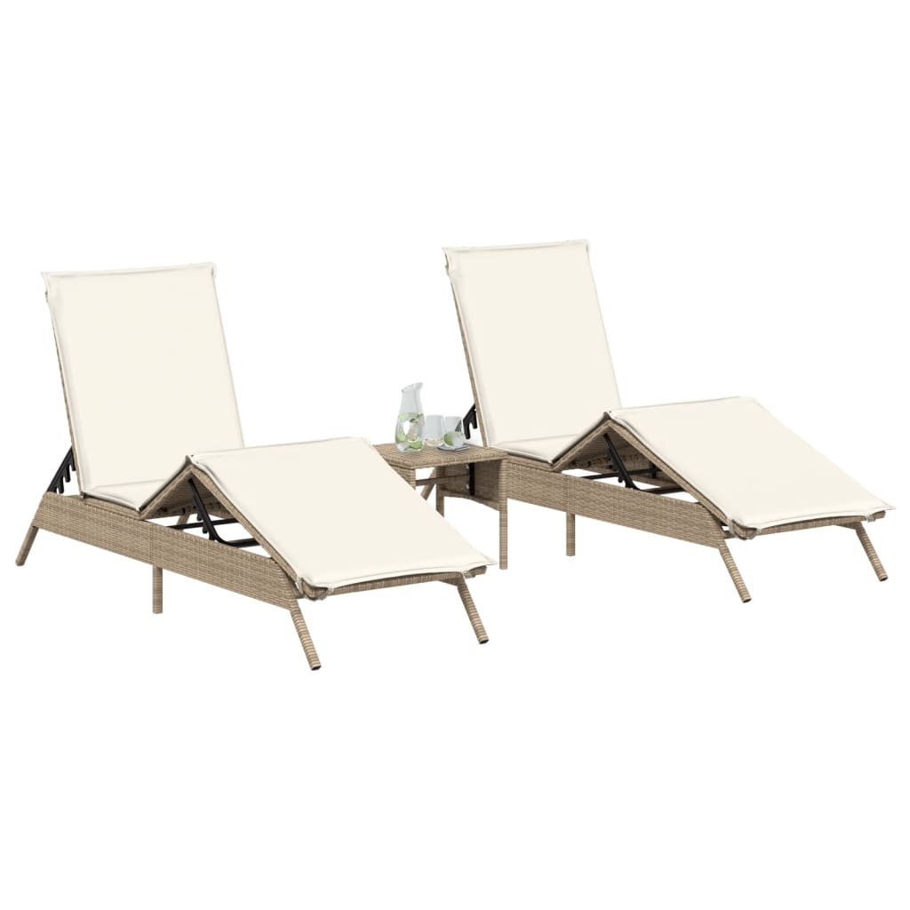 Sonnenliegen 2 Stk. mit Tisch Beige Poly Rattan