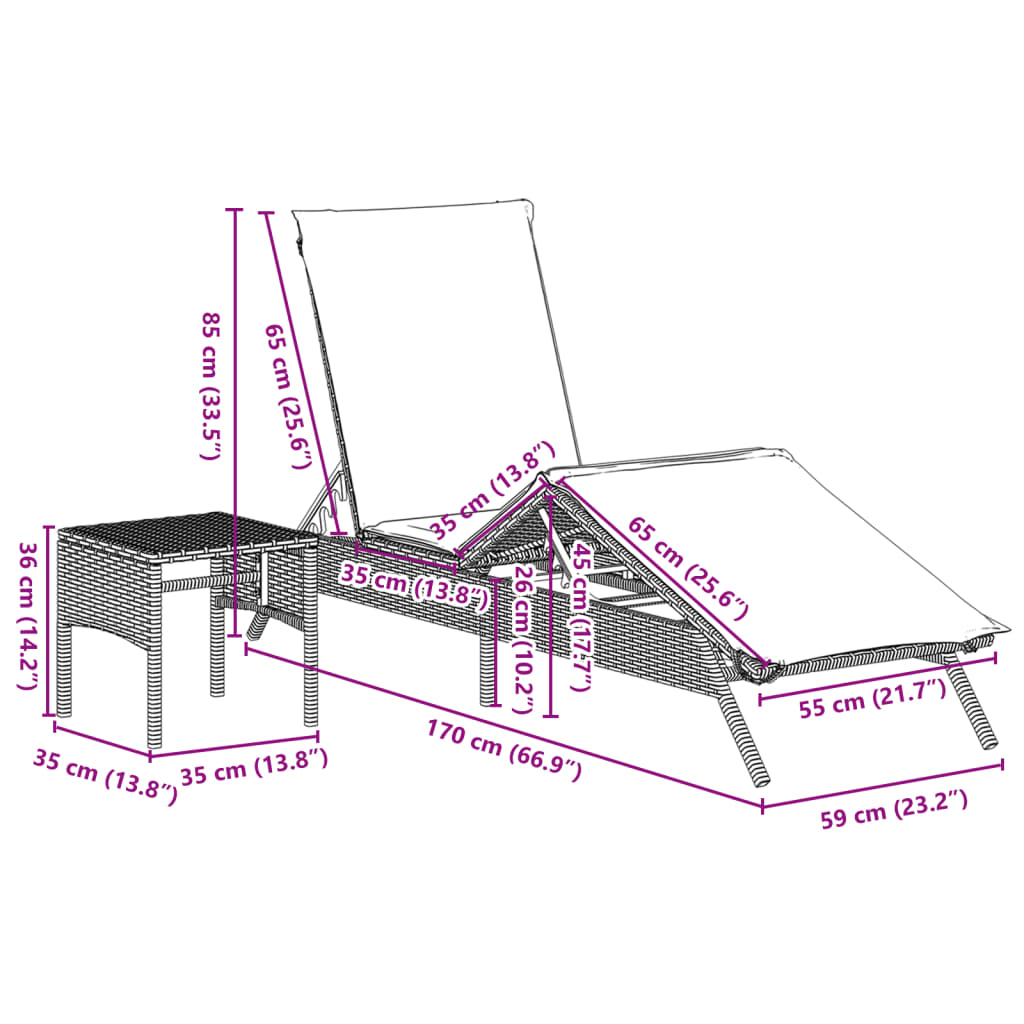 Sonnenliegen 2 Stk. mit Tisch Beige Poly Rattan