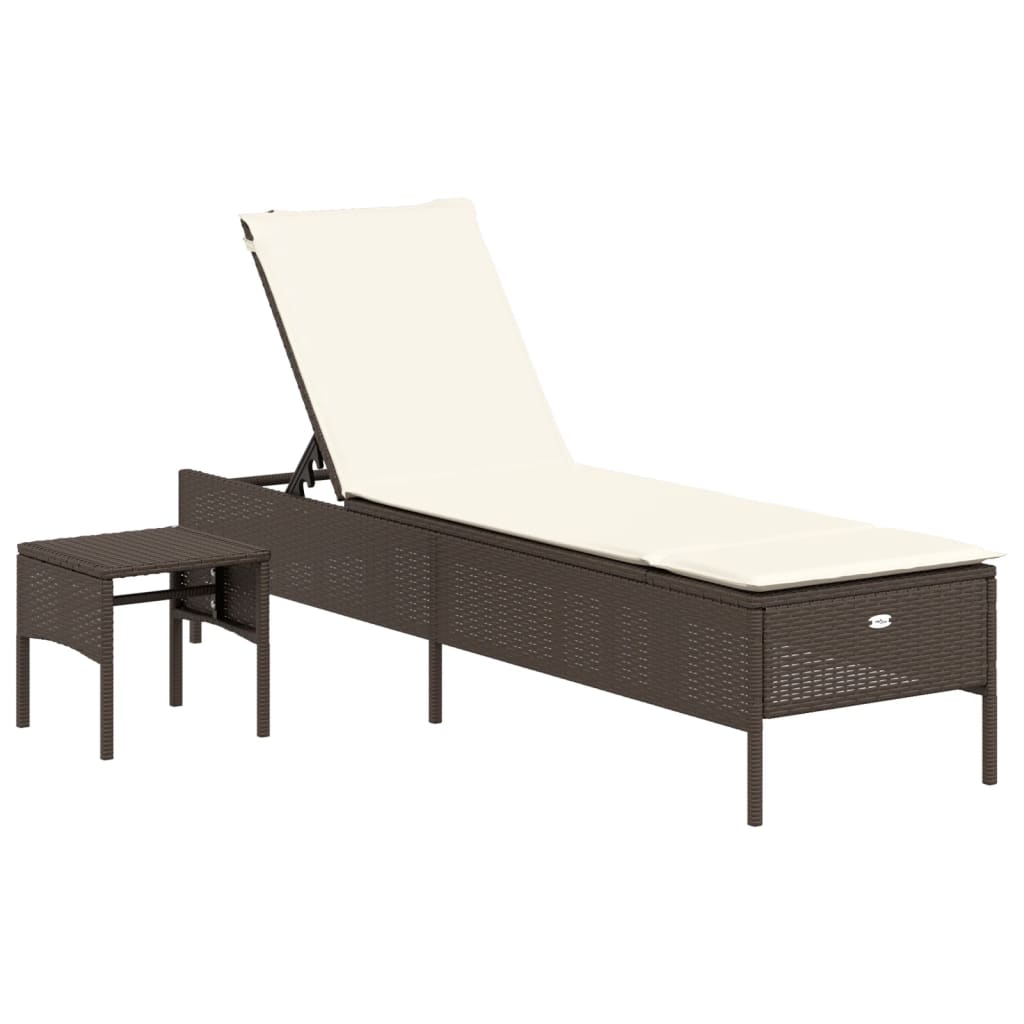 Sonnenliege mit Tisch und Auflage Braun Poly Rattan