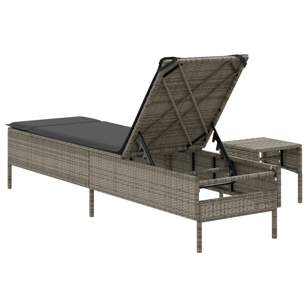 Sonnenliege mit Tisch und Auflage Grau Poly Rattan