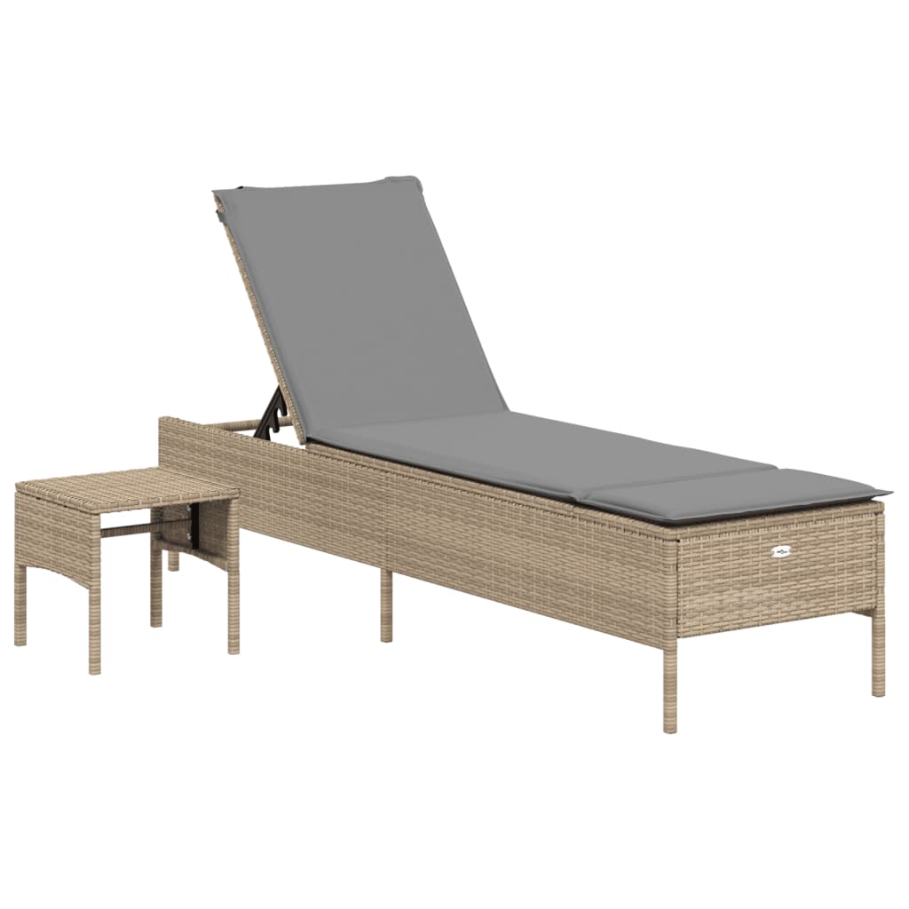 Sonnenliege mit Tisch und Auflage Beige Poly Rattan