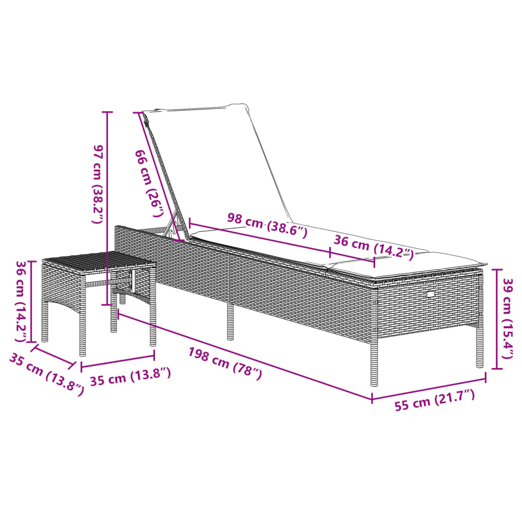 Sonnenliege mit Tisch und Auflage Beige Poly Rattan