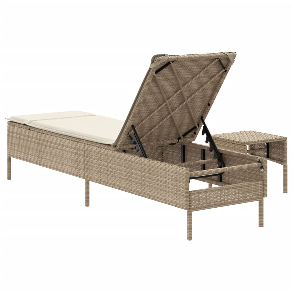 Sonnenliege mit Tisch und Auflage Beige Poly Rattan