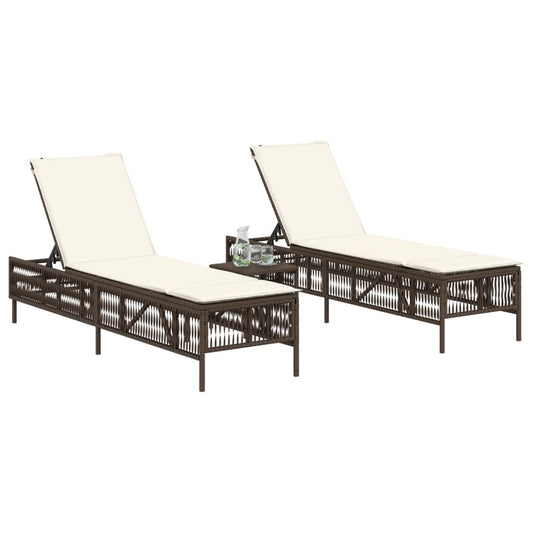 Sonnenliegen 2 Stk. mit Tisch Braun Poly Rattan