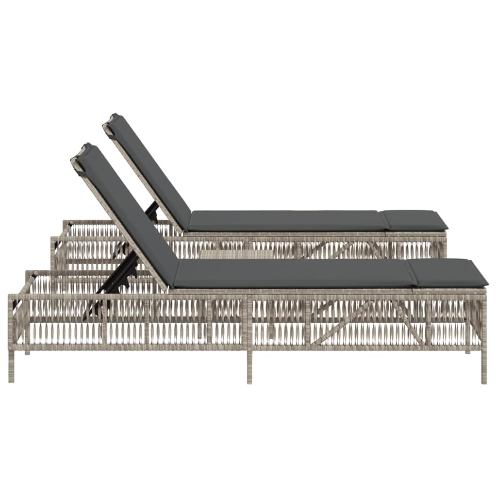 Sonnenliegen 2 Stk. mit Tisch Hellgrau Poly Rattan