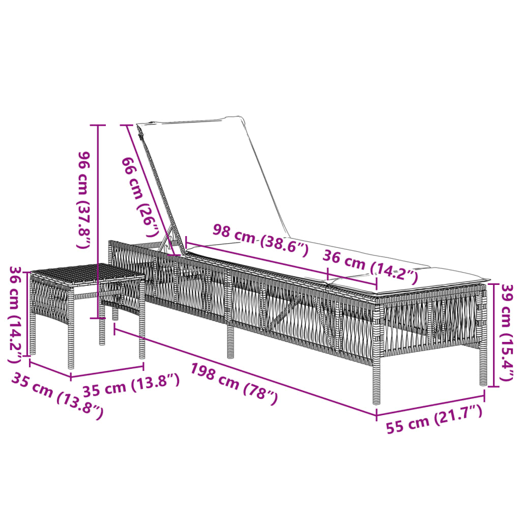 Sonnenliegen 2 Stk. mit Tisch Hellgrau Poly Rattan