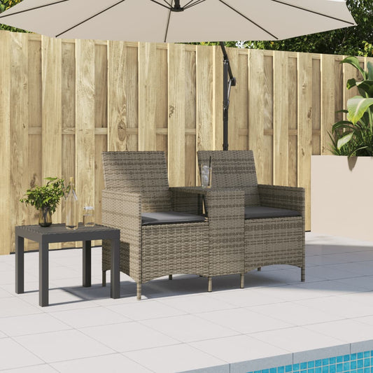 Gartensofa 2-Sitzer mit Tisch und Kissen Grau Poly Rattan