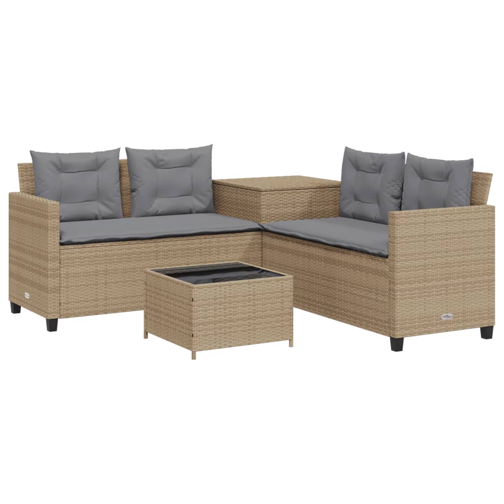 Gartensofa in L-Form mit Tisch und Kissen Beige Poly Rattan