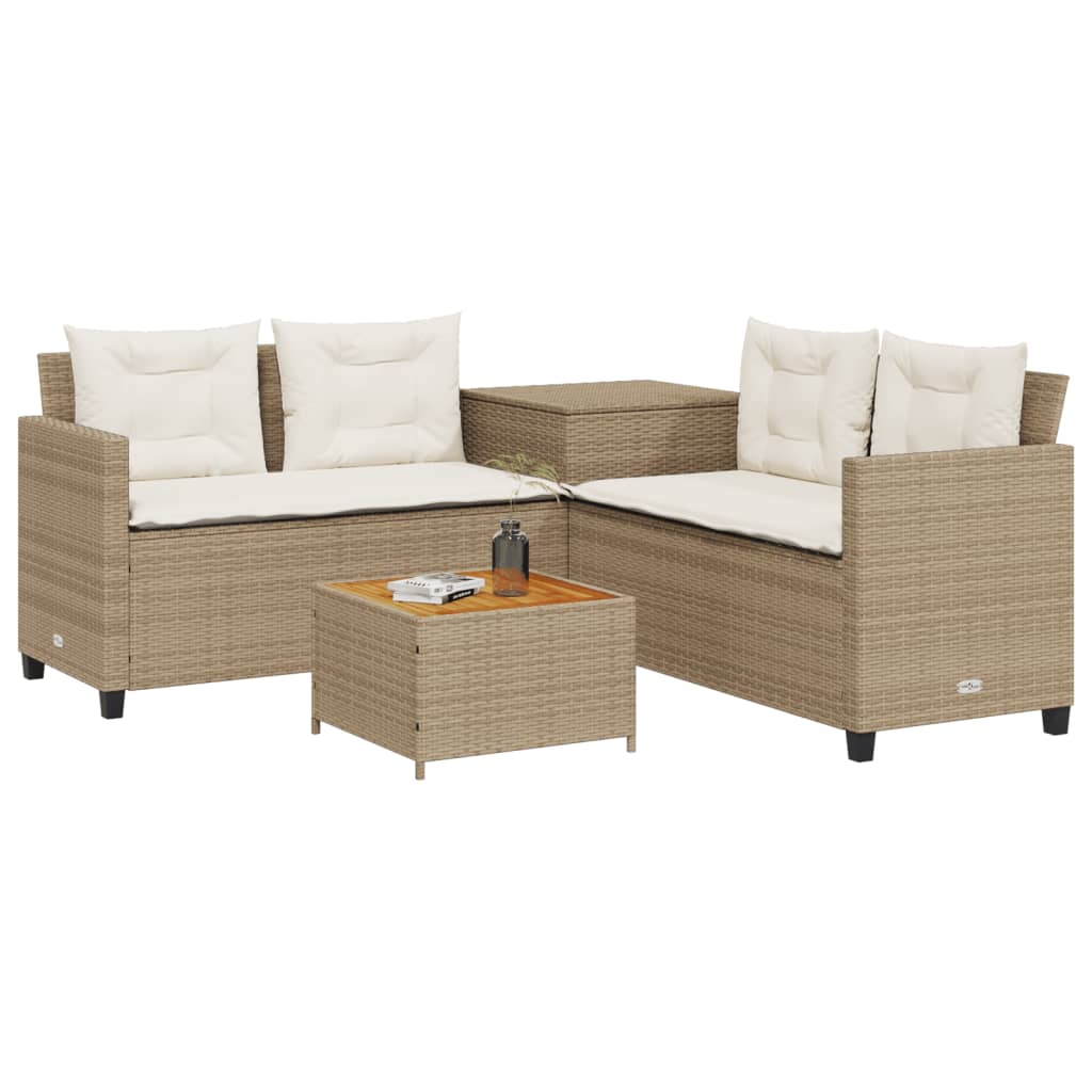 Gartensofa in L-Form mit Tisch und Kissen Beige Poly Rattan