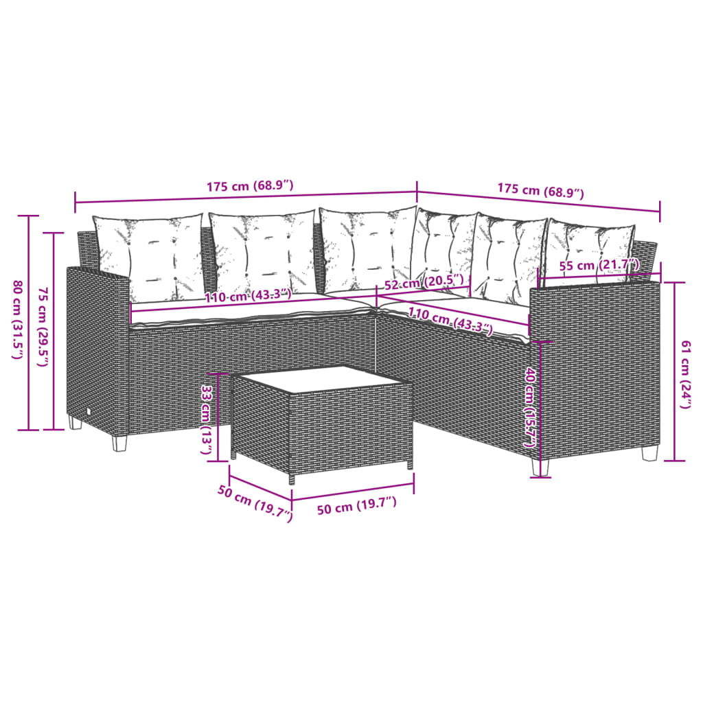 Gartensofa in L-Form mit Tisch und Kissen Braun Poly Rattan