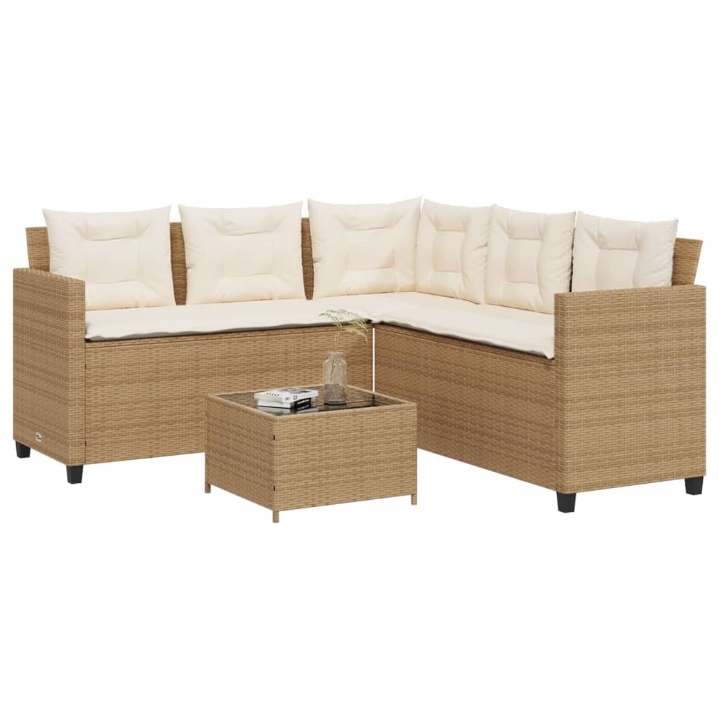 Gartensofa in L-Form mit Tisch und Kissen Beige Poly Rattan