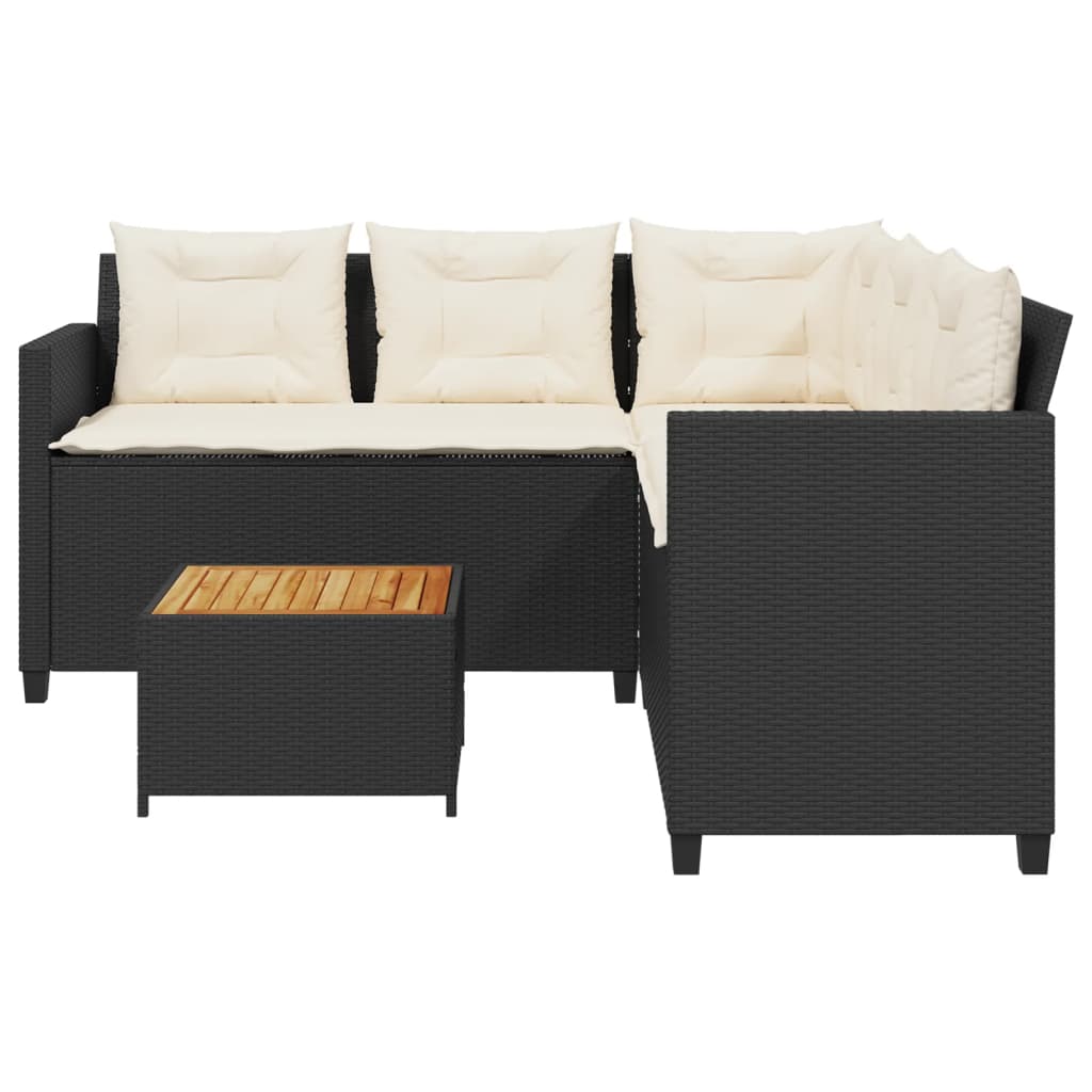 Gartensofa in L-Form mit Tisch und Kissen Schwarz Poly Rattan