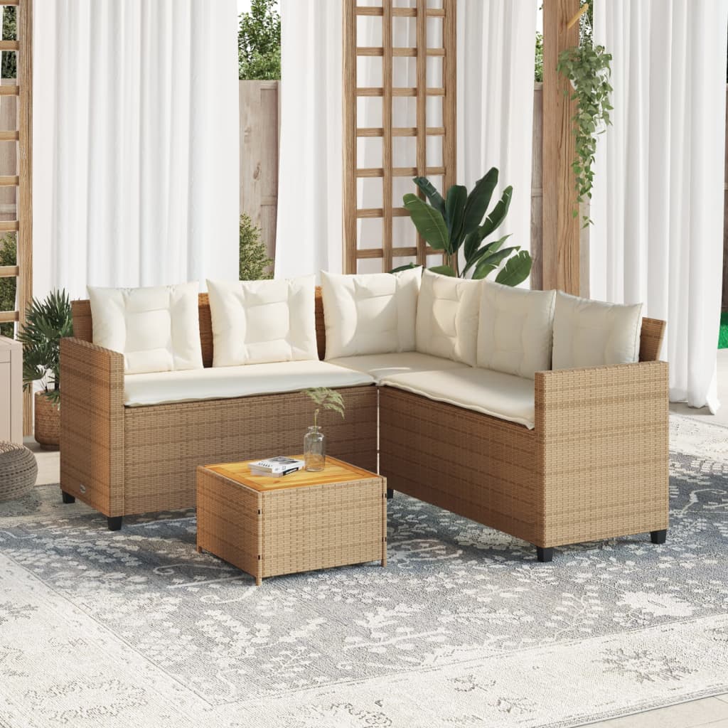 Gartensofa in L-Form mit Tisch und Kissen Beige Poly Rattan