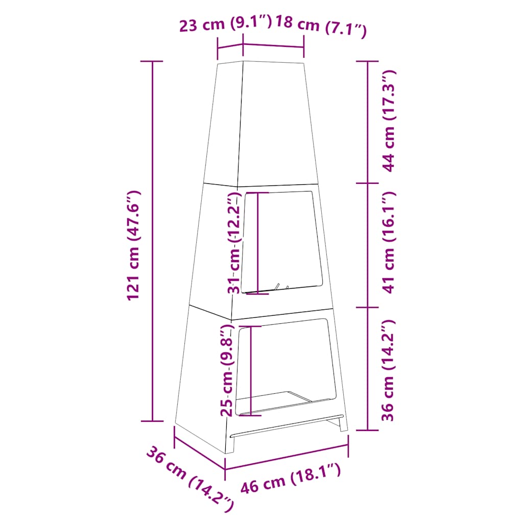 Gartenkamin mit Holzablage Turm-Design Schwarz Stahl