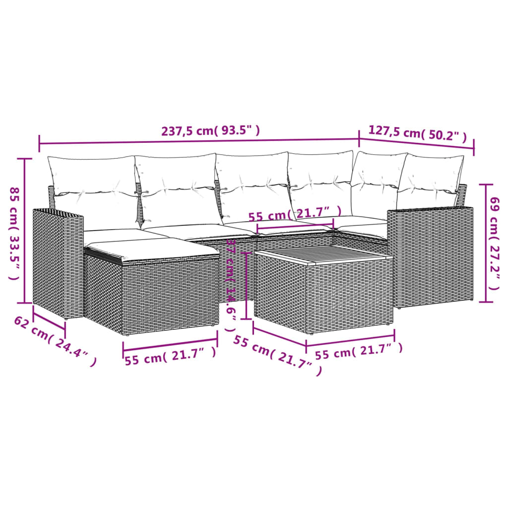 7-tlg. Garten-Sofagarnitur mit Kissen Schwarz Poly Rattan