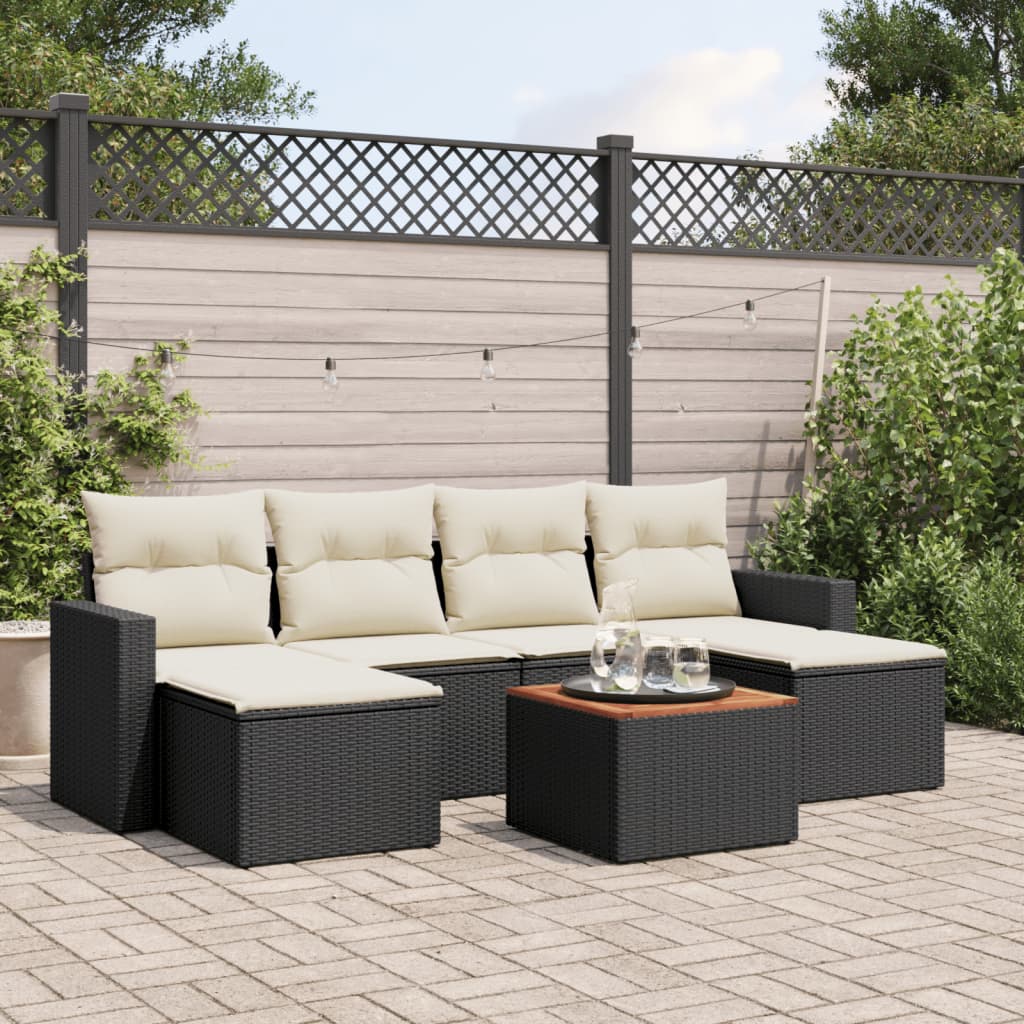 7-tlg. Garten-Sofagarnitur mit Kissen Schwarz Poly Rattan