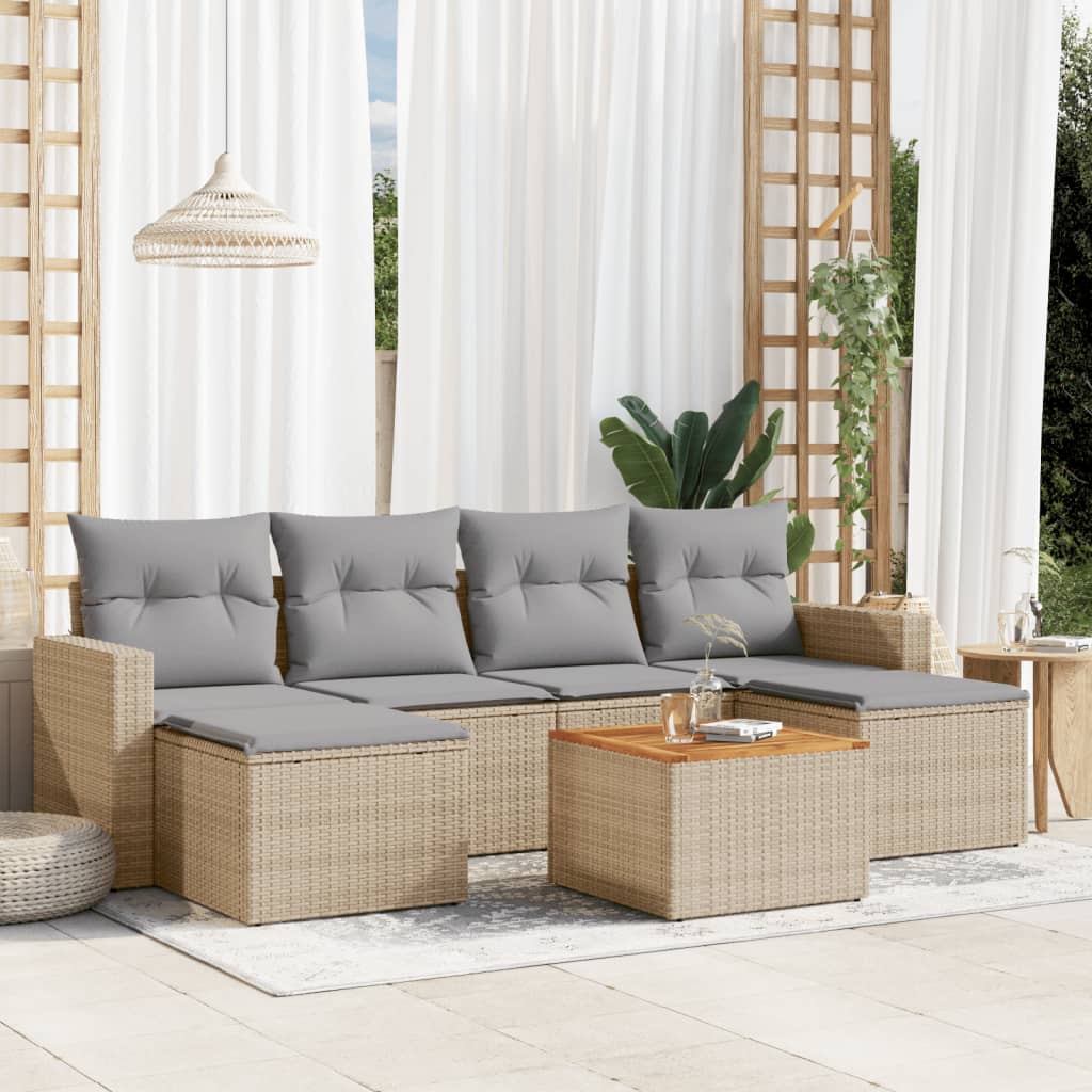 7-tlg. Garten-Sofagarnitur mit Kissen Beige Poly Rattan