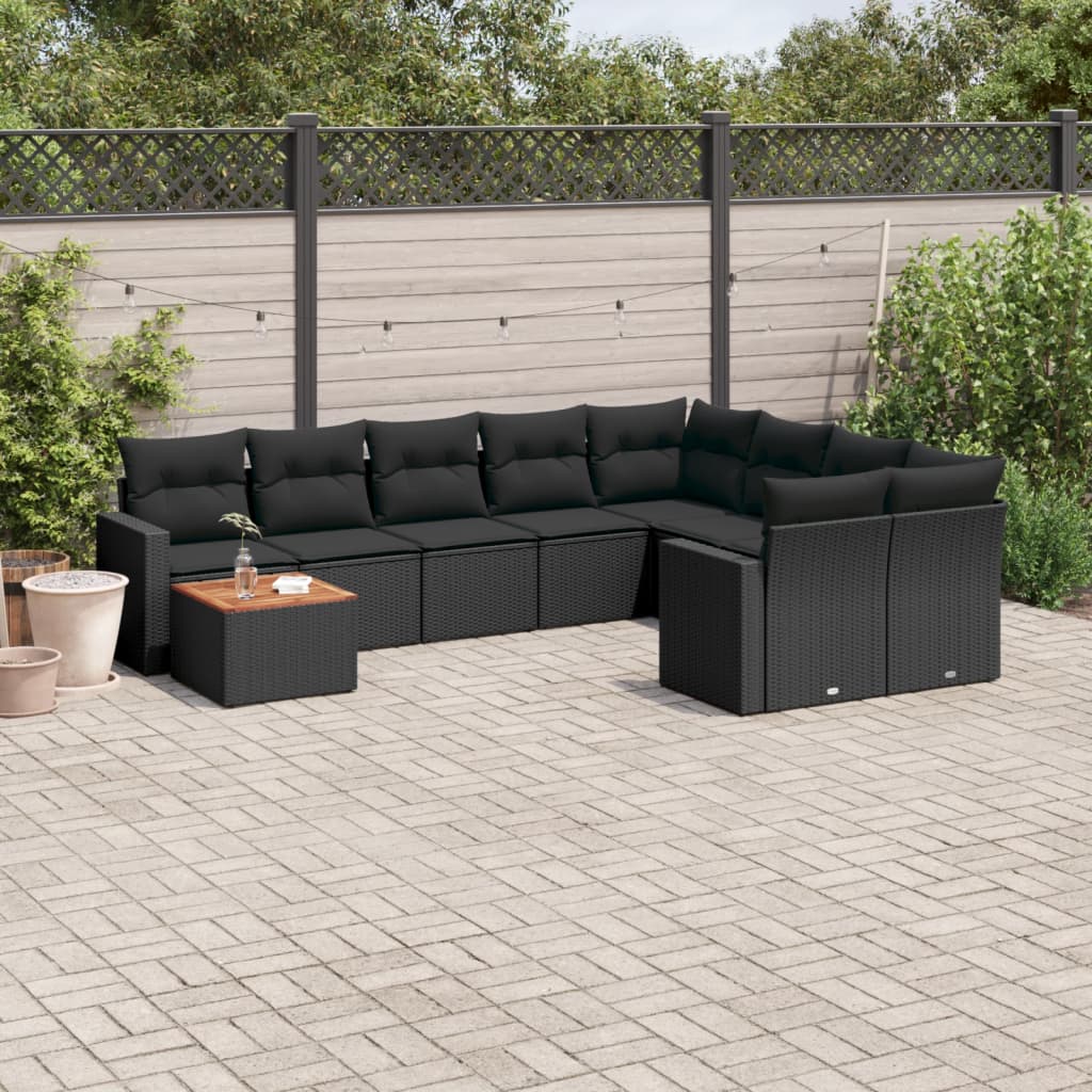 10-tlg. Garten-Sofagarnitur mit Kissen Schwarz Poly Rattan