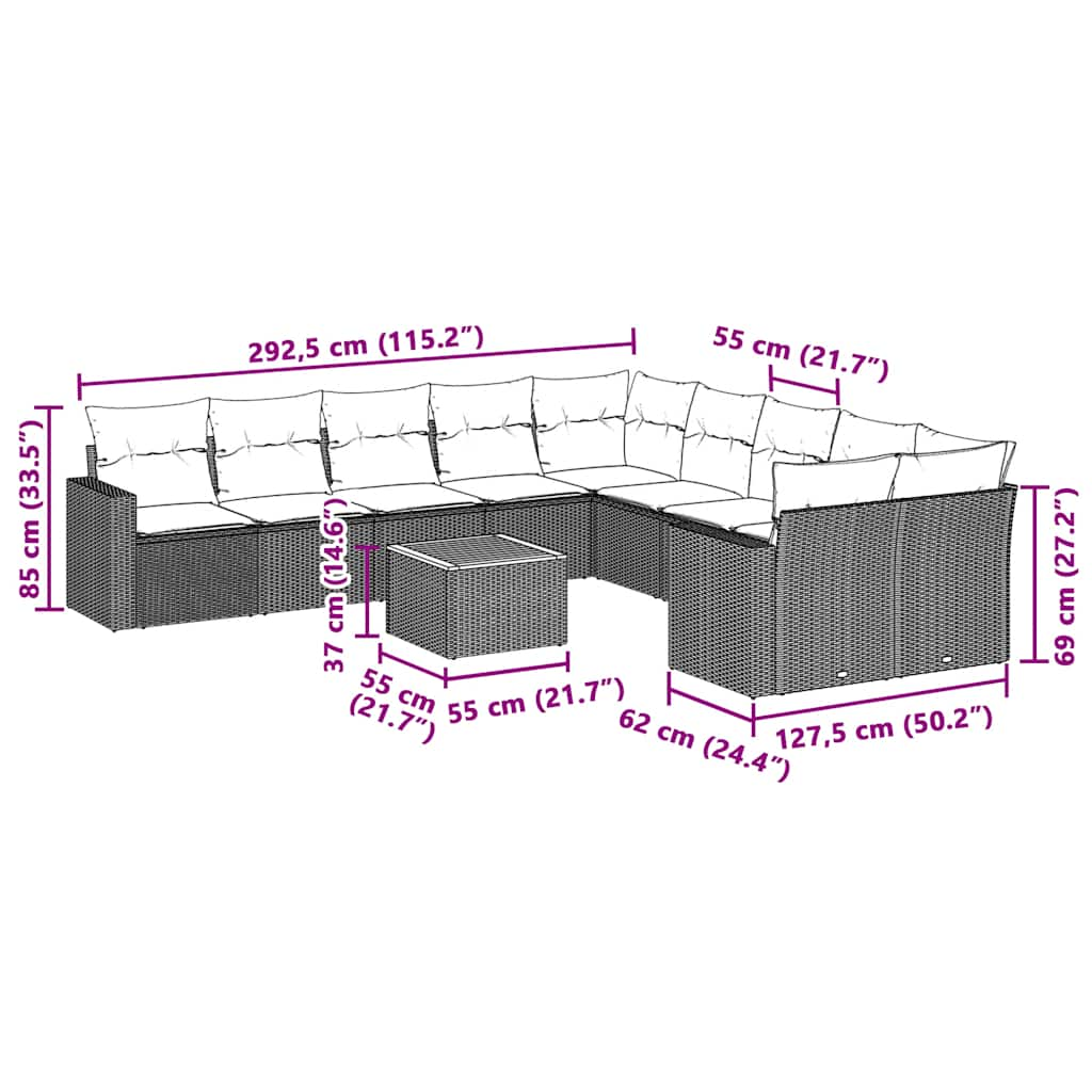 11-tlg. Garten-Sofagarnitur mit Kissen Schwarz Poly Rattan