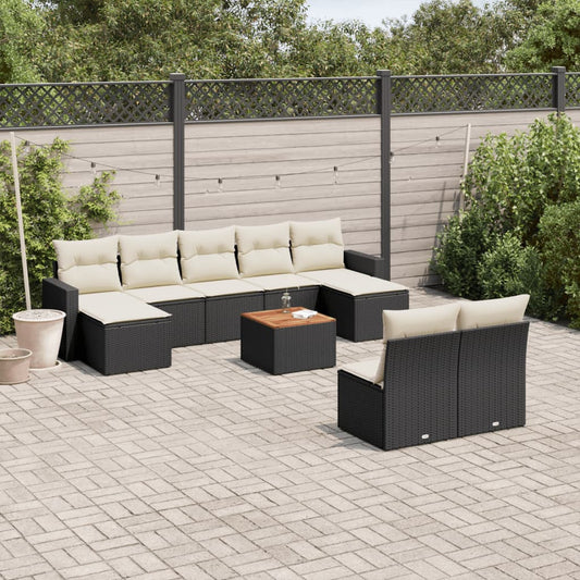 10-tlg. Garten-Sofagarnitur mit Kissen Schwarz Poly Rattan