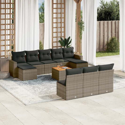 11-tlg. Garten-Sofagarnitur mit Kissen Grau Poly Rattan