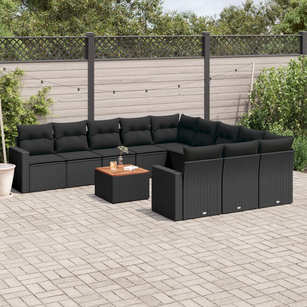 12-tlg. Garten-Sofagarnitur mit Kissen Schwarz Poly Rattan