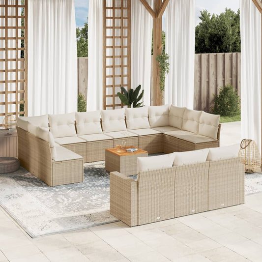 14-tlg. Garten-Sofagarnitur mit Kissen Beige Poly Rattan