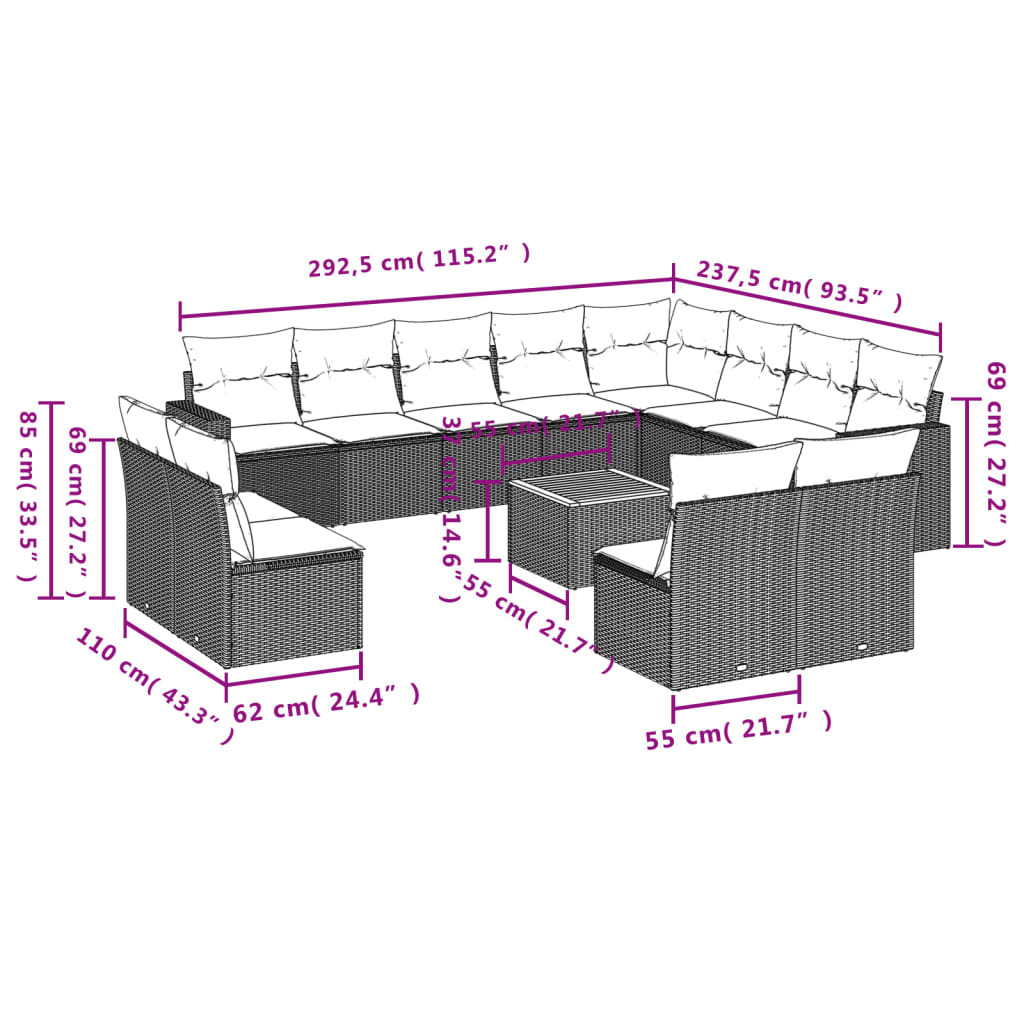 13-tlg. Garten-Sofagarnitur mit Kissen Beige Poly Rattan