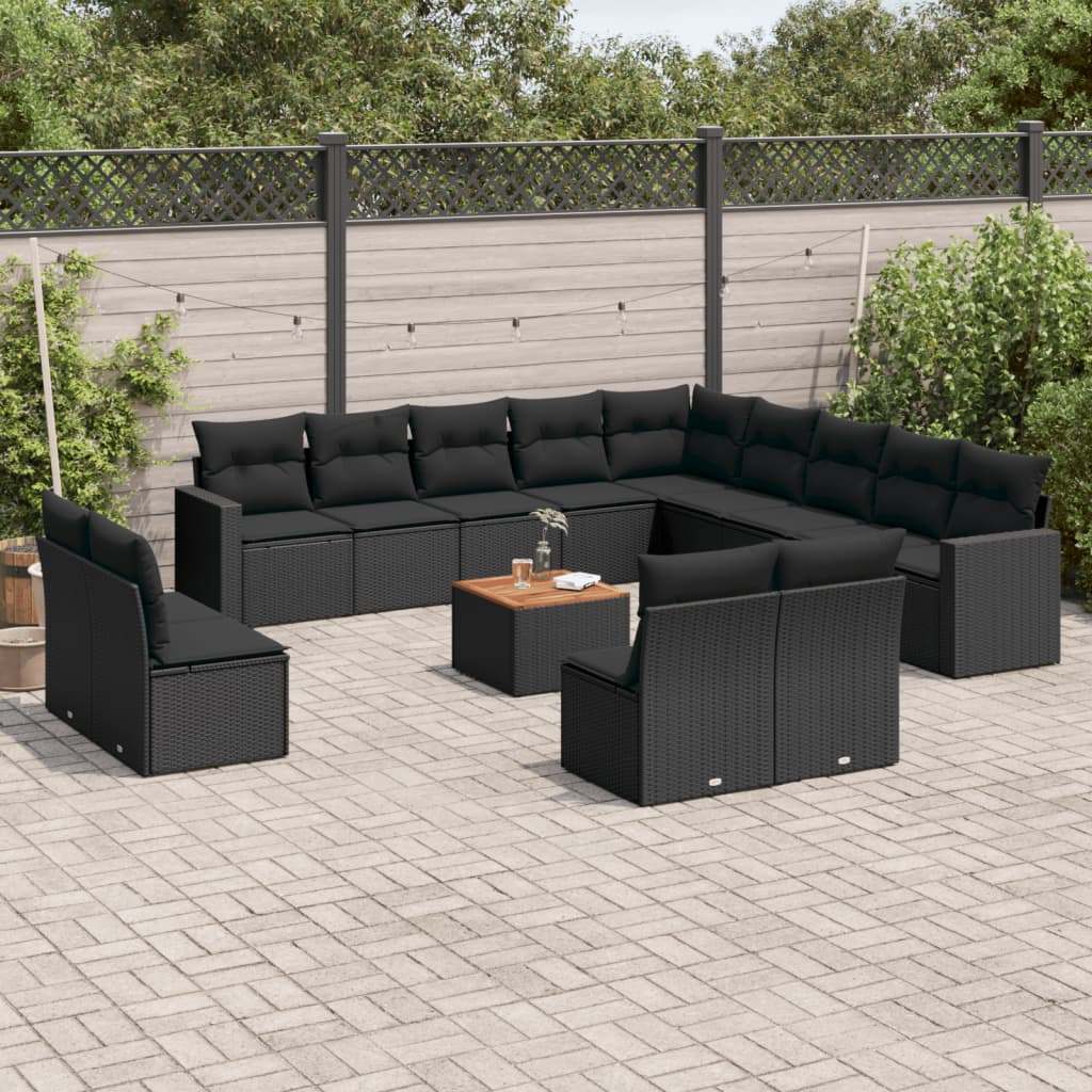 14-tlg. Garten-Sofagarnitur mit Kissen Schwarz Poly Rattan