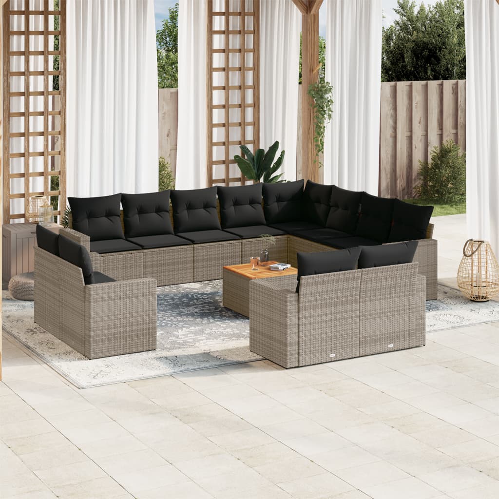 13-tlg. Garten-Sofagarnitur mit Kissen Grau Poly Rattan