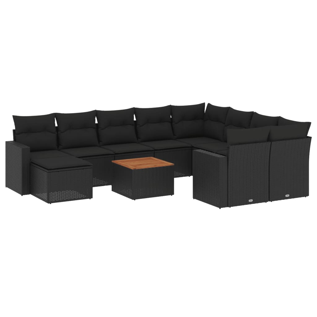 11-tlg. Garten-Sofagarnitur mit Kissen Schwarz Poly Rattan