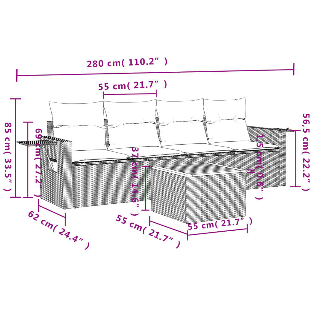 5-tlg. Garten-Sofagarnitur mit Kissen Beige Poly Rattan