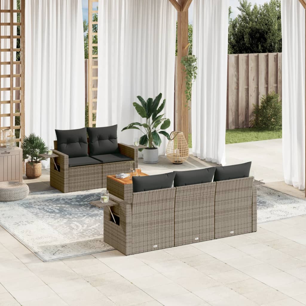 6-tlg. Garten-Sofagarnitur mit Kissen Grau Poly Rattan