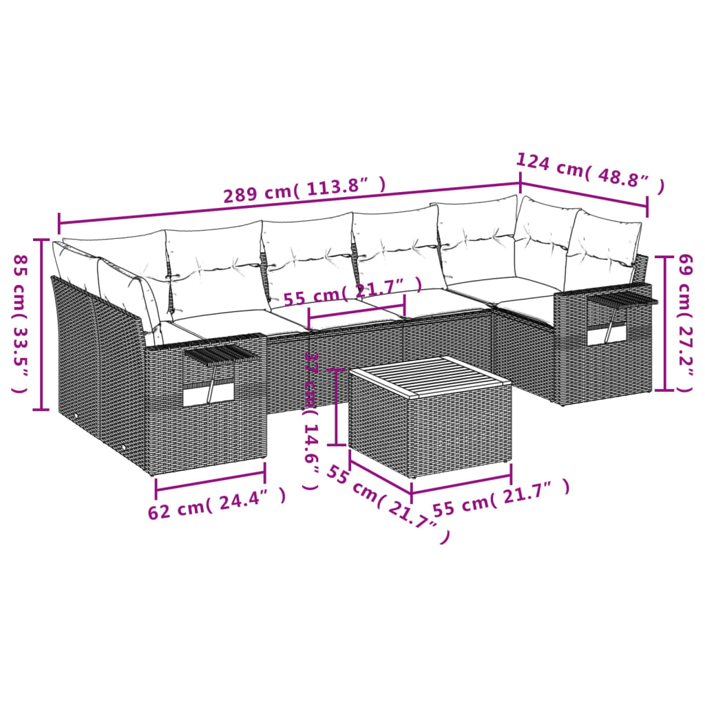 8-tlg. Garten-Sofagarnitur mit Kissen Schwarz Poly Rattan