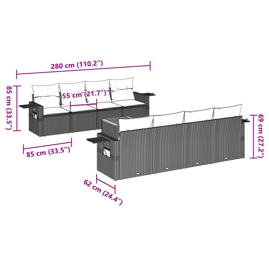 9-tlg. Garten-Sofagarnitur mit Kissen Grau Poly Rattan