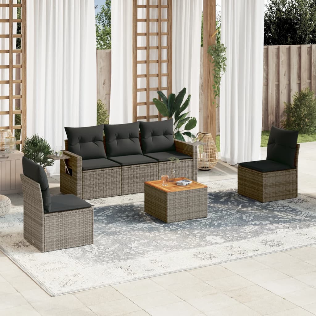 6-tlg. Garten-Sofagarnitur mit Kissen Grau Poly Rattan