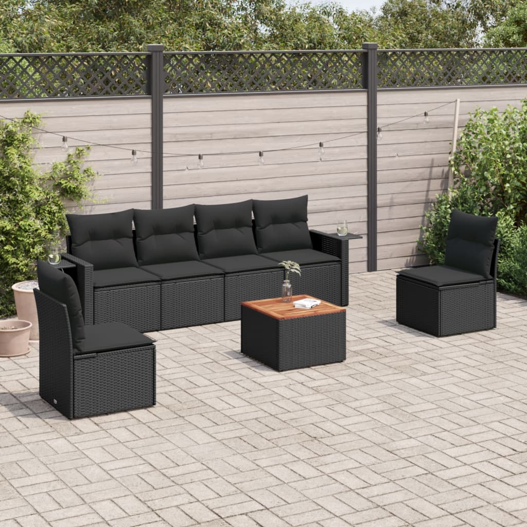 7-tlg. Garten-Sofagarnitur mit Kissen Schwarz Poly Rattan