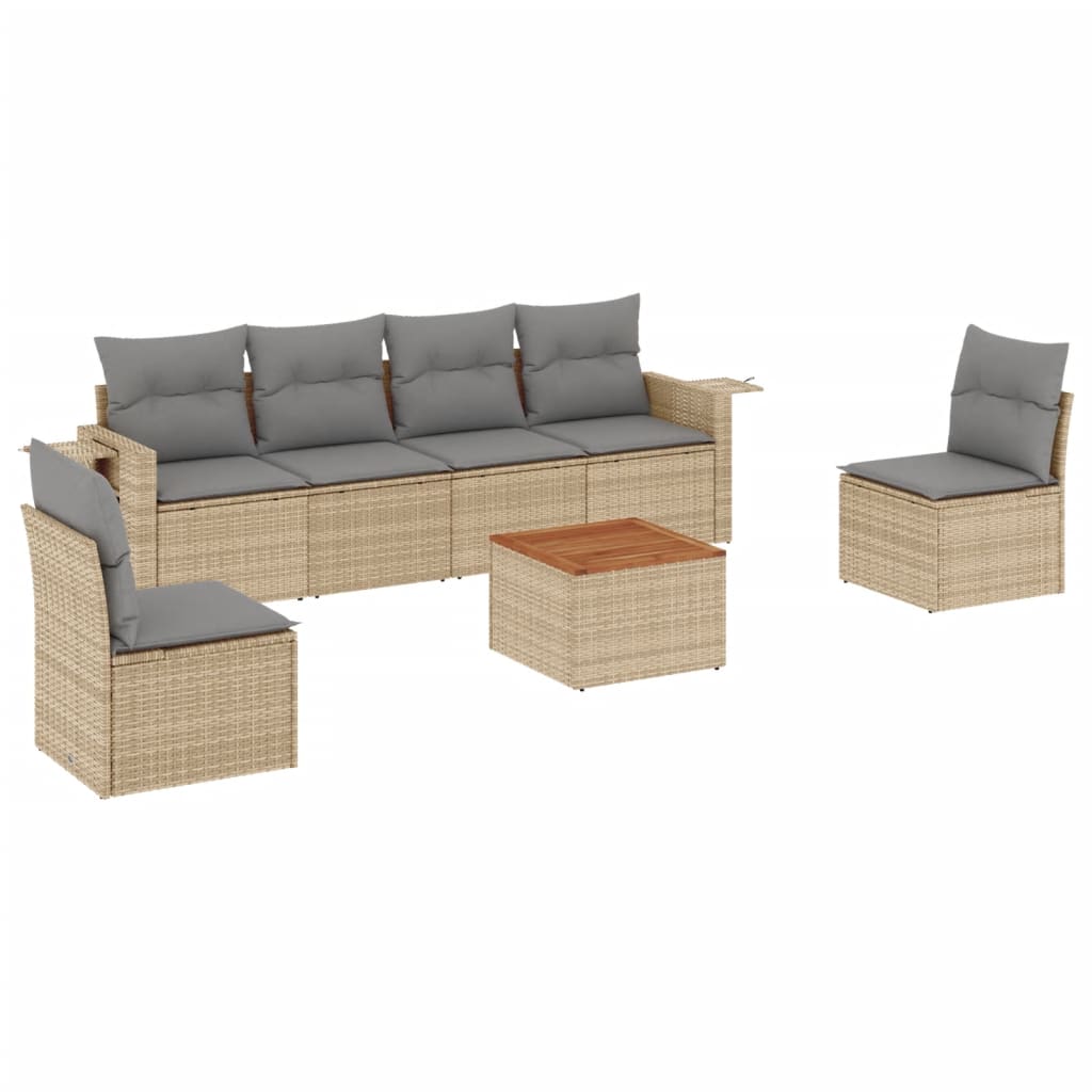 7-tlg. Garten-Sofagarnitur mit Kissen Beige Poly Rattan