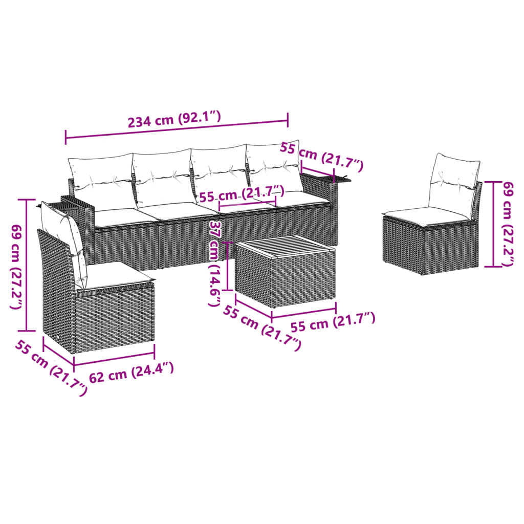 7-tlg. Garten-Sofagarnitur mit Kissen Grau Poly Rattan