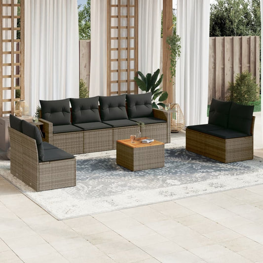 9-tlg. Garten-Sofagarnitur mit Kissen Grau Poly Rattan