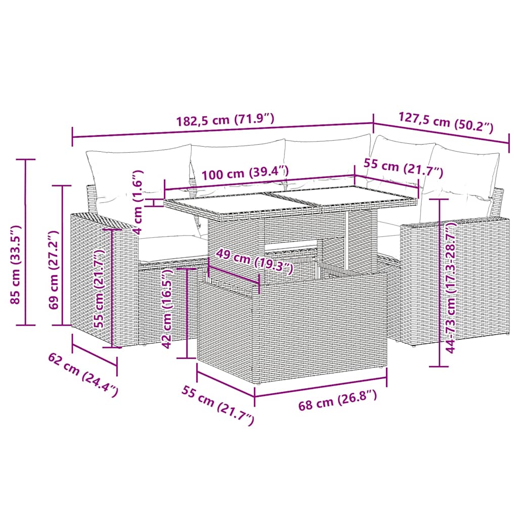 5-tlg. Garten-Sofagarnitur mit Kissen Schwarz Poly Rattan