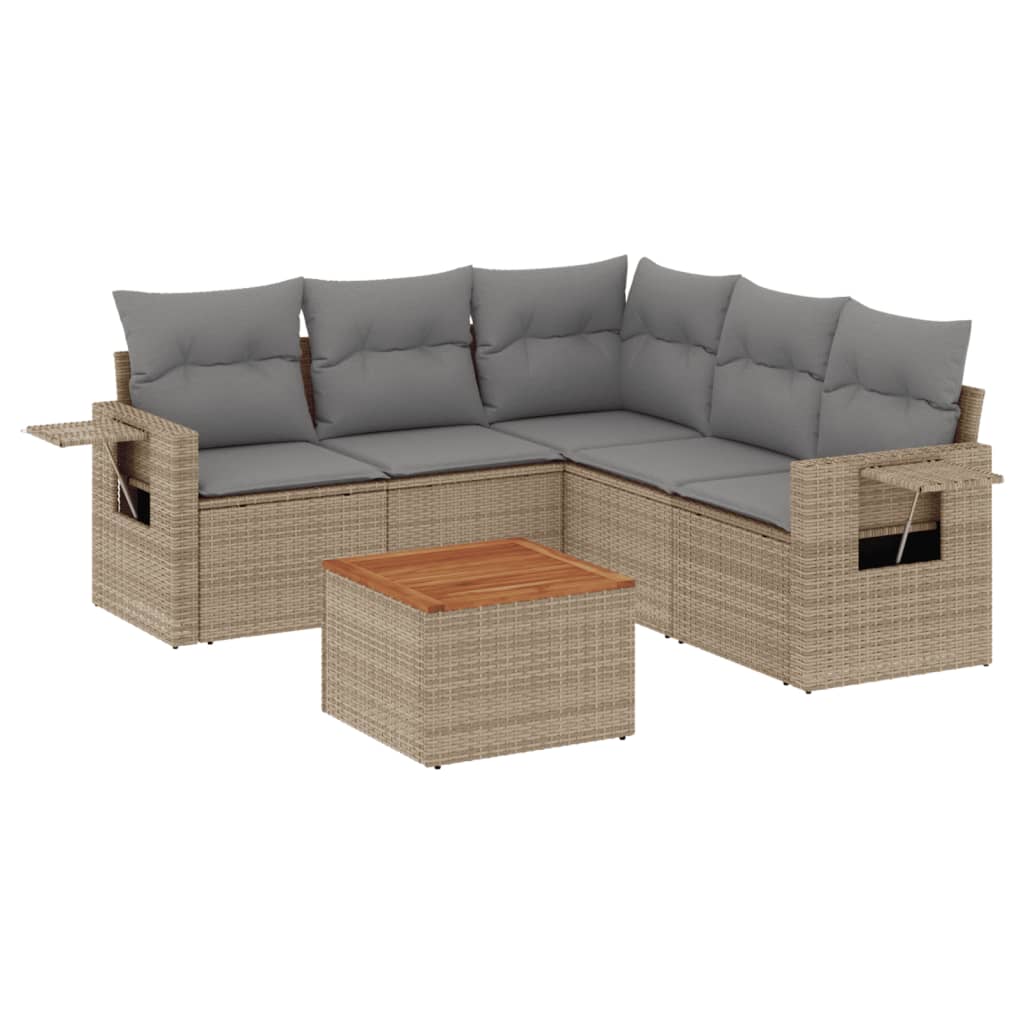 6-tlg. Garten-Sofagarnitur mit Kissen Beige Poly Rattan