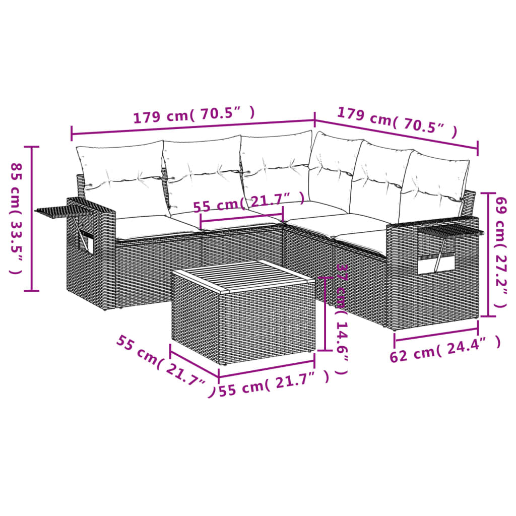 6-tlg. Garten-Sofagarnitur mit Kissen Grau Poly Rattan