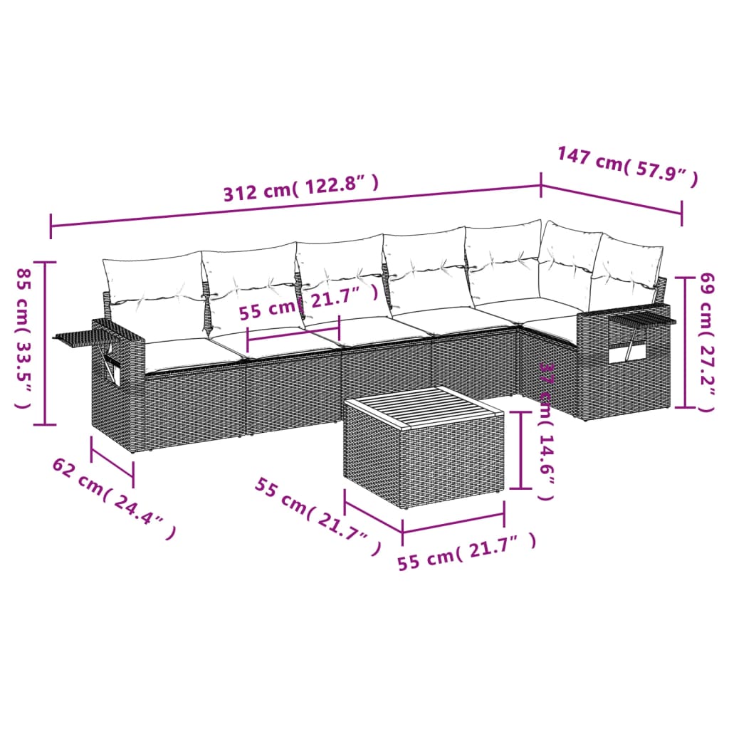 7-tlg. Garten-Sofagarnitur mit Kissen Grau Poly Rattan