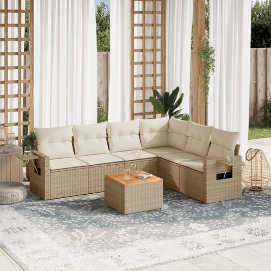 7-tlg. Garten-Sofagarnitur mit Kissen Beige Poly Rattan