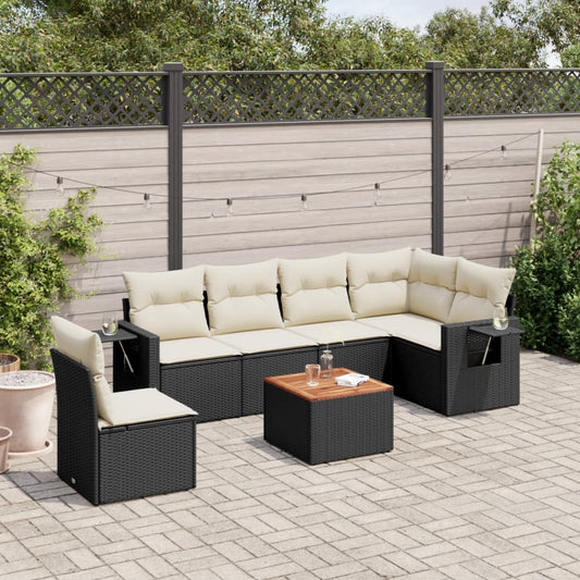 7-tlg. Garten-Sofagarnitur mit Kissen Schwarz Poly Rattan